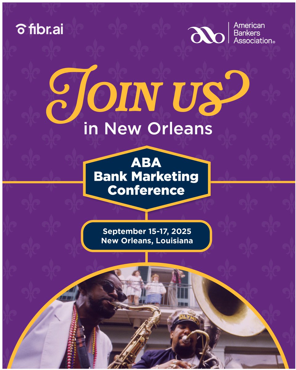 fibr_ai's tweet image. We’re attending ABA 2025 Bank Marketing Conference! 📢

Join the Fibr AI team as we dive into sessions for banks - covering data &amp;amp; analytics, marketing &amp;amp; customer experience.

🗓️ Sept 15-17, 2025
📍 Hyatt Regency, New Orleans

See you there!

#ABA #ABAConference #FibrAI