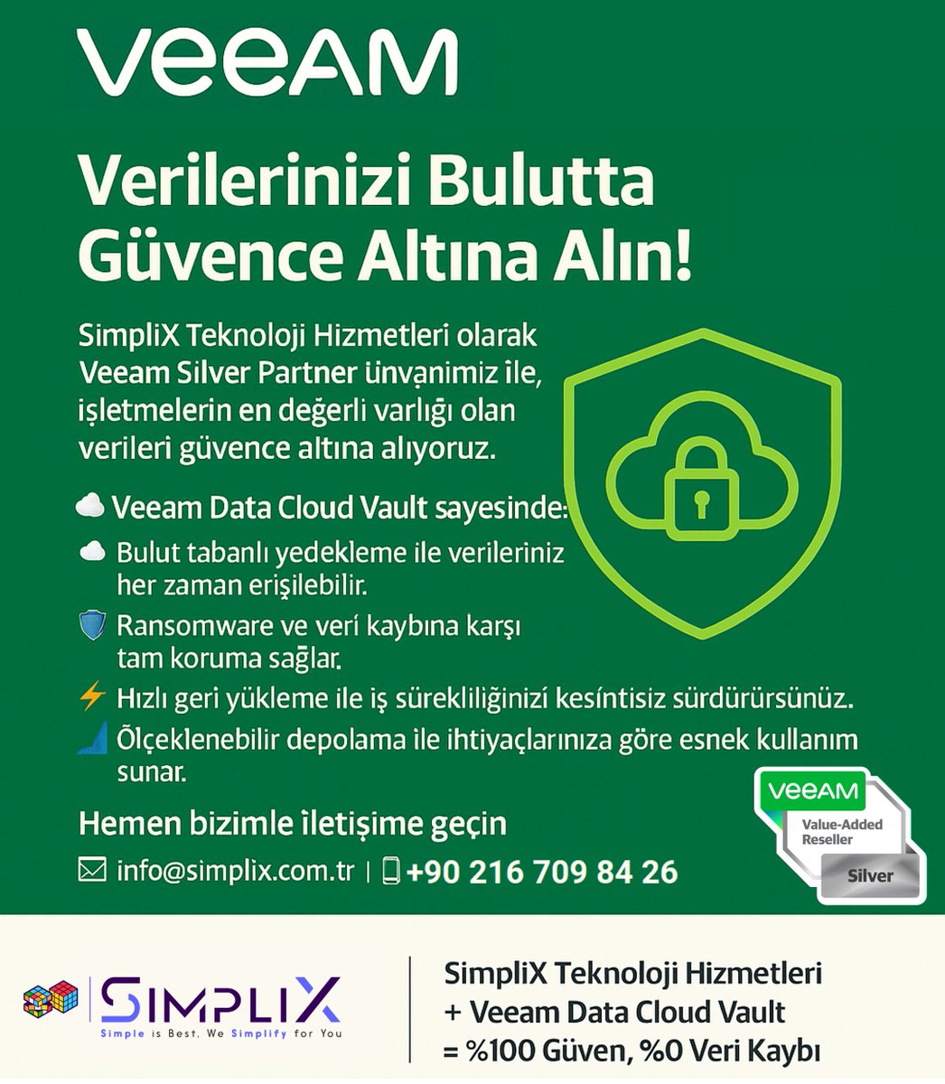 ☁️ Verilerinizi Bulutta Güvence Altına Alın!

#SimpliX Teknoloji Hizmetleri olarak #Veeam Silver Partner unvanımız ile, işletmelerin en değerli varlığı olan verileri güvence altına alıyoruz.

linkedin.com/feed/update/ur…
