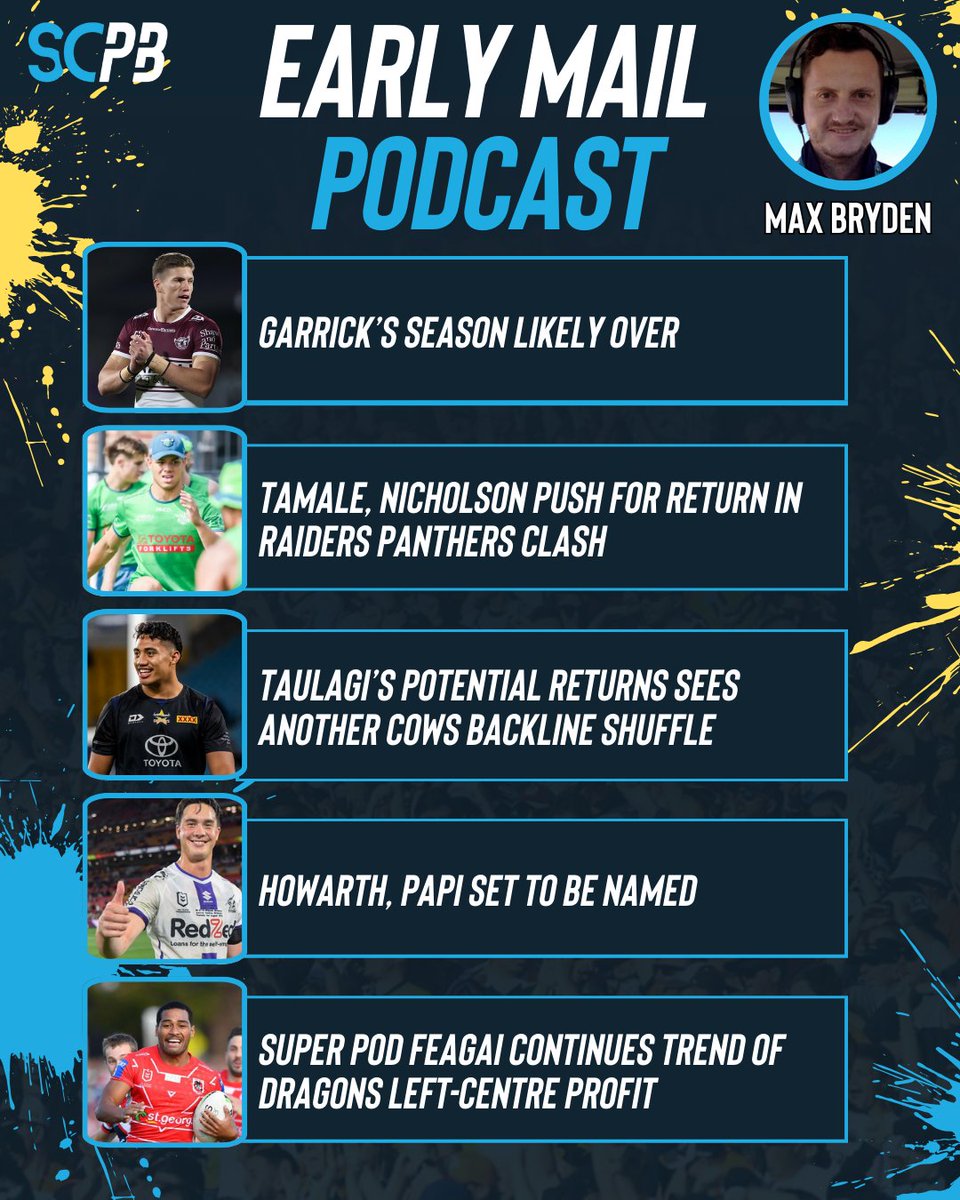 The Early Mail Podcast for Round 25 is here with all the expected INs and OUTs for every club ahead of TLT.

We dive into the injuries, suspensions and draws for every side and drop our best Draft Waiver picks for the round.

Listen now on Spotify and Apple Podcasts.

#NRL