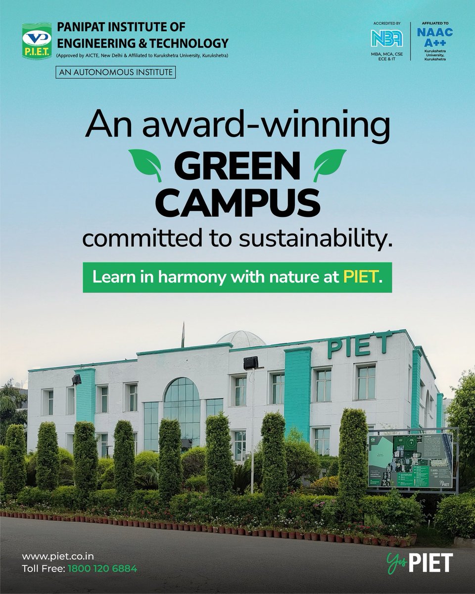 PIETPanipat's tweet photo. 🌿✨ An award-winning Green Campus, where learning meets sustainability! 💚
At PIET, we nurture knowledge in harmony with nature. 🌱📚

#GreenCampus #Sustainability #EcoFriendly #PIET #PanipatInstitute #FutureReady #CampusLife #StudyAtPIET #AwardWinningCampus #LearnWithNature https://t.co/zZnx8UGbHD
