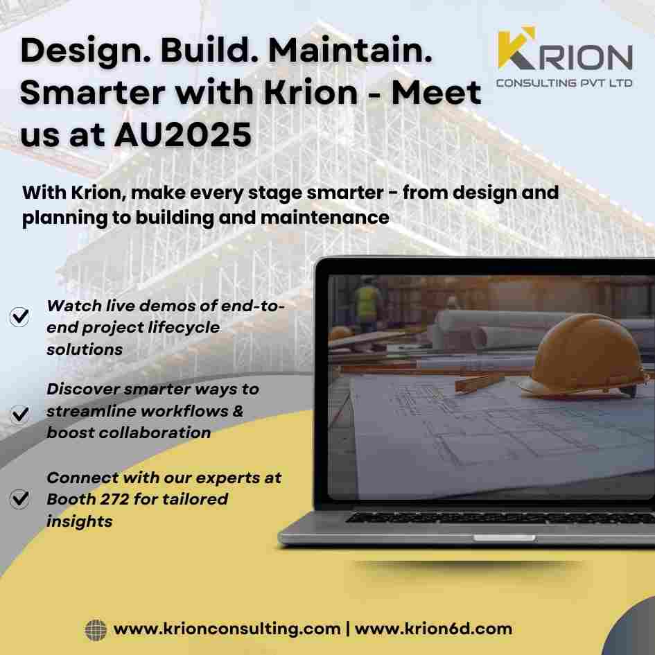 KrionConsulting's tweet photo. Smarter projects, from design to maintenance.
Krion is showcasing end-to-end lifecycle solutions at AU 2025.
📍 Visit Booth 272 for live demos + expert insights.
#aeco #aec #bim #digitaltwin #constructiontechnology #au2025 https://t.co/nyvU1MLcXY
