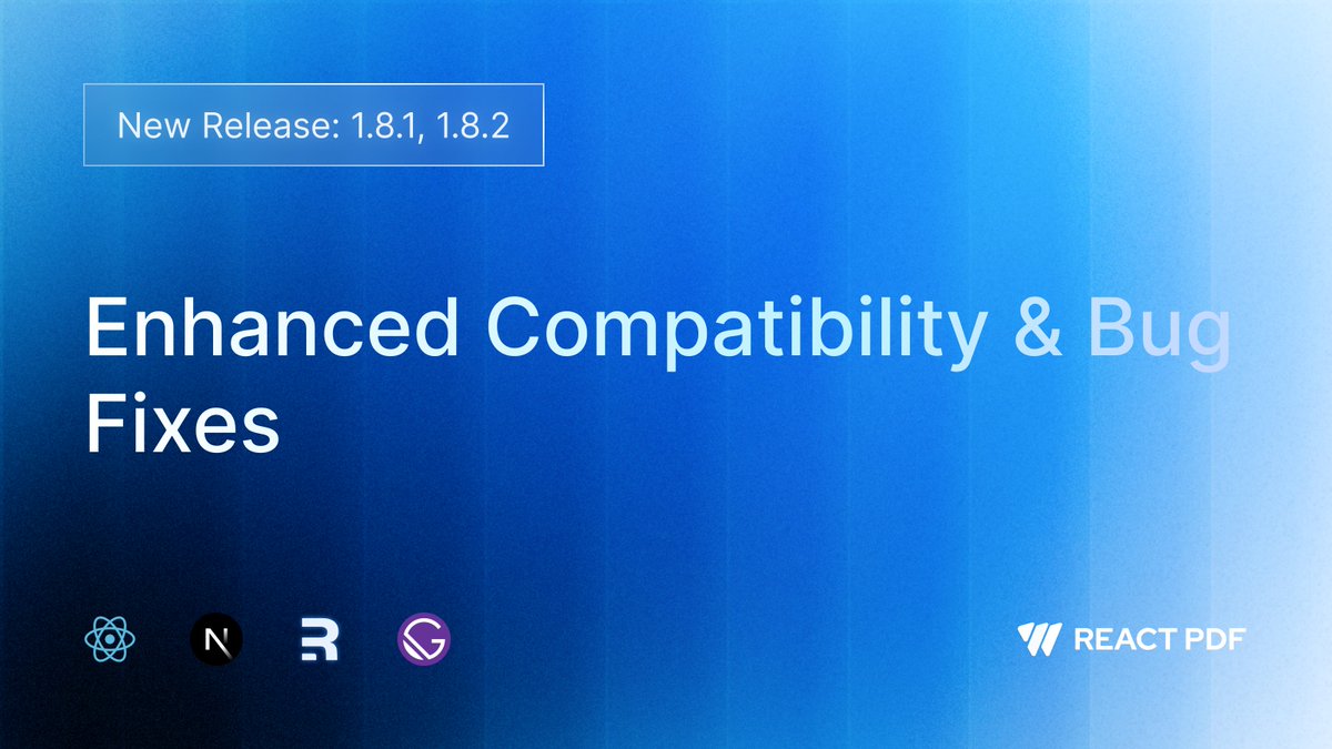 ReactPdf's tweet image. 🚀 React PDF v1.8.1 & v1.8.2 are live!
These updates bring better compatibility with React 19 and fix an issue with the search menu toggle, making your PDF viewer even smoother.
👉 See what’s new: docs.react-pdf.dev/introduction/c…
#react #reactpdf #nextjs