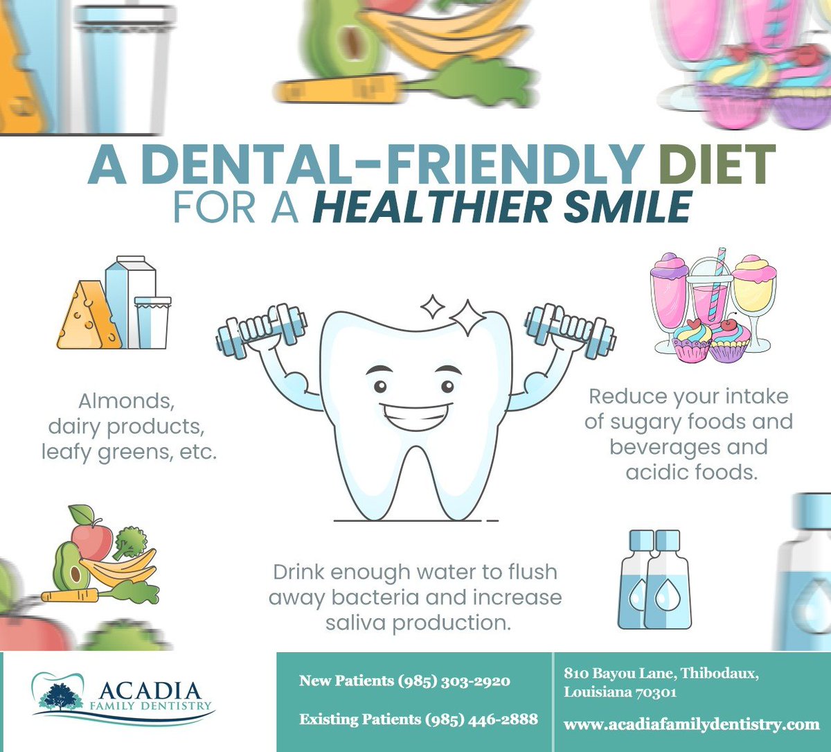 Don`t overlook the importance of a healthy diet for a healthy smile. Include tooth-friendly options in your meals and reduce your intake of sugary and acidic foods and drinks for a confident smile. #dentalfriendlydiet #Thibodaux #LA #DrJaredPalmer