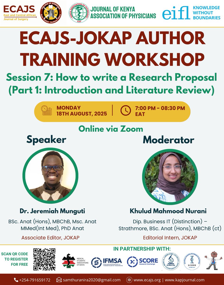 Journal of the Kenya Association of Physicians (@jokap_ke) on Twitter photo Join Session 7 of the <a href="/ECAJS/">East and Central African Journal of Surgery</a>–@JOKAP Author Training Workshop-learn how to craft strong Introductions & Literature Reviews for research proposals.
🗓️ Aug 18 | ⏰ 7–8:30PM (EAT)
💻 Zoom: us06web.zoom.us/webinar/regist…
🎙️ Dr. <a href="/JeremiahMunguti/">Jeremiah Munguti</a>
#ResearchTraining #MedX #academia #Upskilling Join Session 7 of the <a href="/ECAJS/">East and Central African Journal of Surgery</a>–@JOKAP Author Training Workshop-learn how to craft strong Introductions & Literature Reviews for research proposals.
🗓️ Aug 18 | ⏰ 7–8:30PM (EAT)
💻 Zoom: us06web.zoom.us/webinar/regist…
🎙️ Dr. <a href="/JeremiahMunguti/">Jeremiah Munguti</a>
#ResearchTraining #MedX #academia #Upskilling
