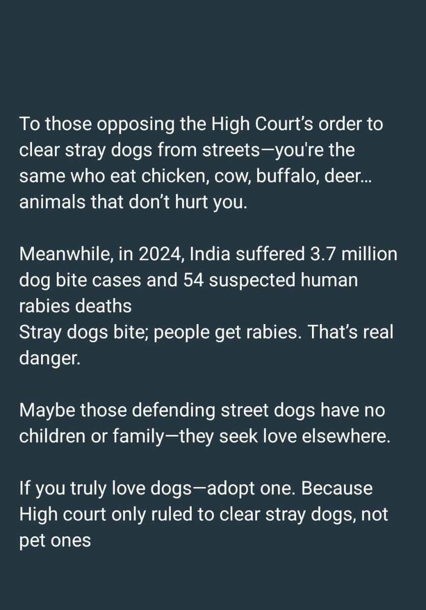 India reported 3.7 million dog bite cases &amp; 54 rabies deaths in 2024. 🐕⚠️
High Court said remove stray dogs from streets, not your pets.
If you truly love dogs → adopt them, don’t leave them to bite innocents.
#StrayDogs #HighCourt #PublicSafety #Rabies #Indian