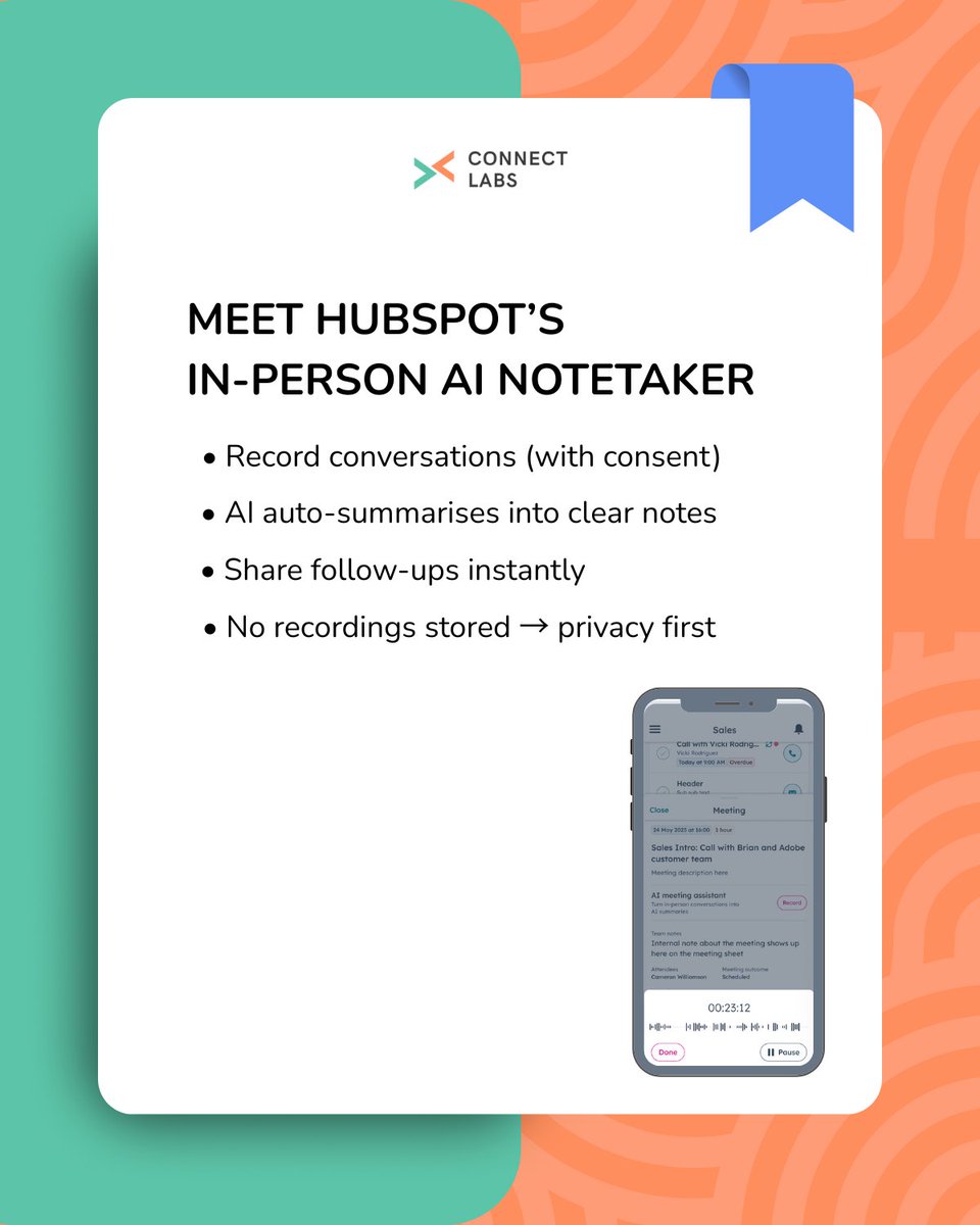 ConnectLabs's tweet image. In-person meetings spark ideas but often leave no digital trail.
That’s where HubSpot’s AI Notetaker comes in:
✅ Captures conversation
✅ Summarises actions
✅ Shares next steps fast
Stay present. Let HubSpot handle the admin.
👉 Try it today
#HubSpot #HubSpotAI #FutureOfWork