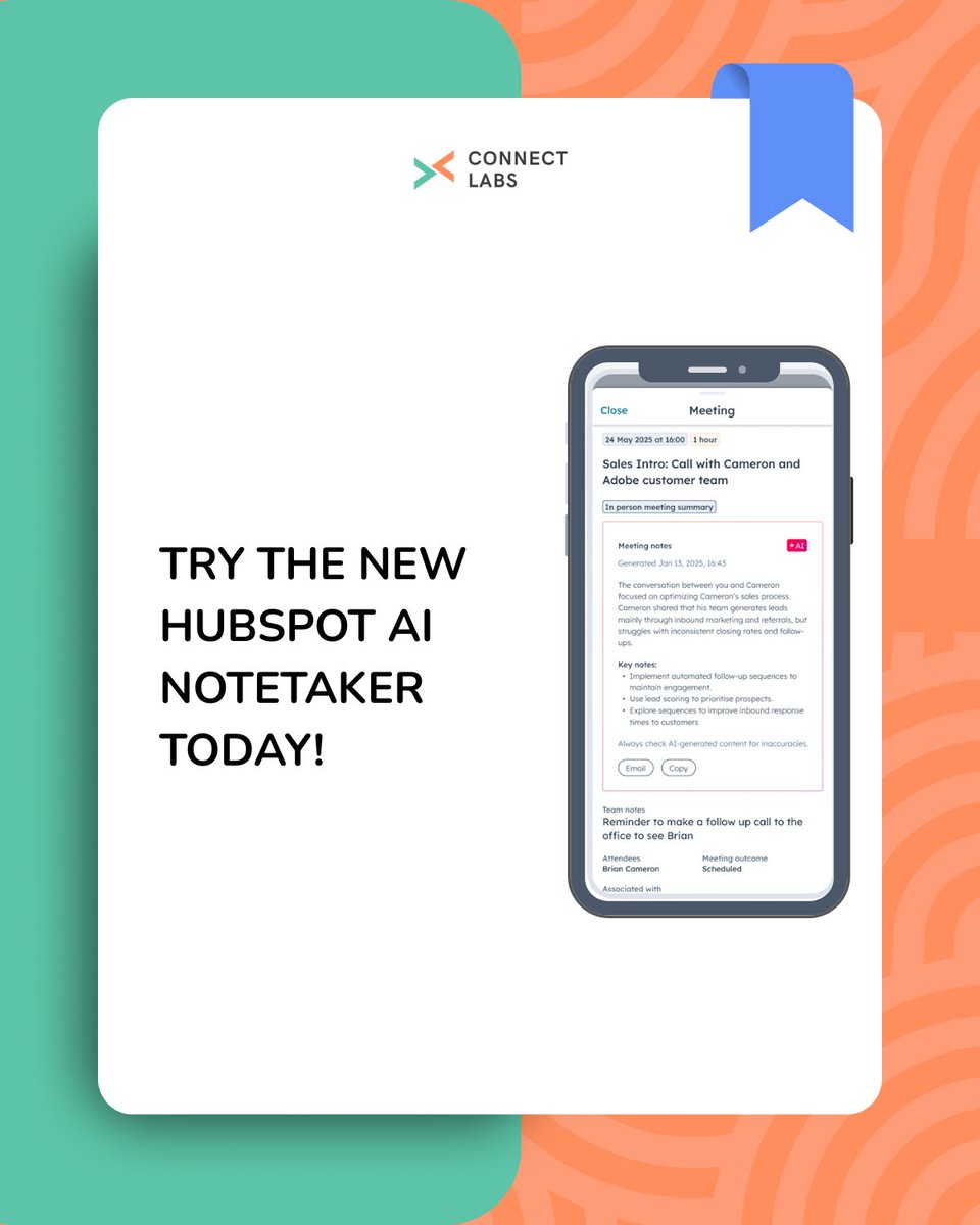 ConnectLabs's tweet image. In-person meetings spark ideas but often leave no digital trail.
That’s where HubSpot’s AI Notetaker comes in:
✅ Captures conversation
✅ Summarises actions
✅ Shares next steps fast
Stay present. Let HubSpot handle the admin.
👉 Try it today
#HubSpot #HubSpotAI #FutureOfWork