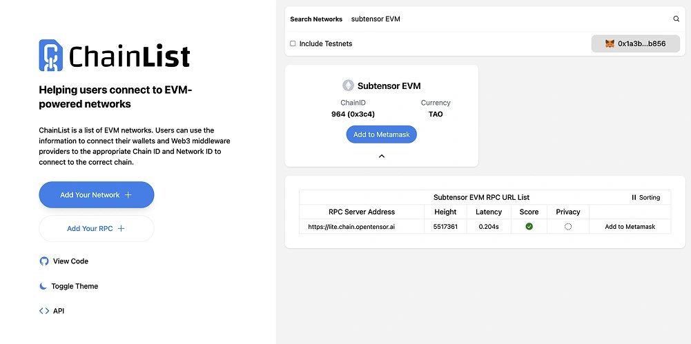 In case you dont know To connect to Bittensor EVM to  mining  $TAO <a href="/inspectxyz/">Inspect</a> 🚀 

1. Open ChainList, connect MetaMask.  
2. Search for "Subtensor EVM".  
3. Click "Add to MetaMask".  
4. Approve in MetaMask.  
Done! 🧠 #Bittensor #EVM