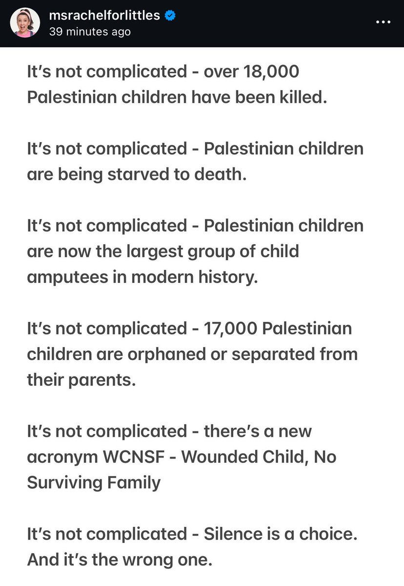 Assal Rad (@assalrad) on Twitter photo “It’s not complicated — silence is a choice. And it’s the wrong one.”
Ms Rachel has essentially dedicated her platform to Gaza. “It’s not complicated — silence is a choice. And it’s the wrong one.”
Ms Rachel has essentially dedicated her platform to Gaza.