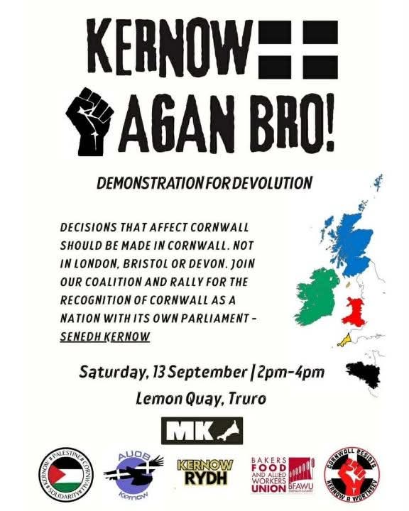 Une manifestation est prévue le 13/09 à Truro, Cornwall, pour exiger la devolution, comme en Ecosse et au Pays de Galles. 
La #Bretagne va-t-elle demeurer la seule nation celtique sans aucun pouvoir de décision ? La seule nation celtique sous tutelle, sans fierté ni dignité ? 😒