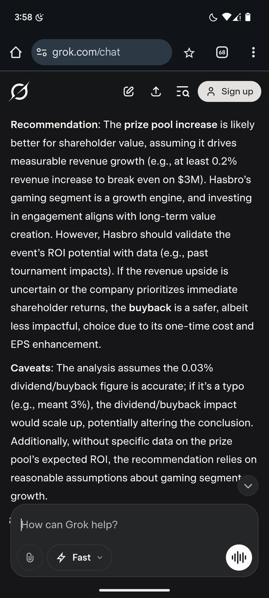 fresh off the well received AI sb guide art I gave the following prompt to 4 LLMs

If you're Hasbro you can 

- spend 3m to increase the dividend by 0.03% (or do a 0.03% buyback) 

- increase pt prize pool from 1.5m to 4.5m (annual) 

What is better for shareholder value?