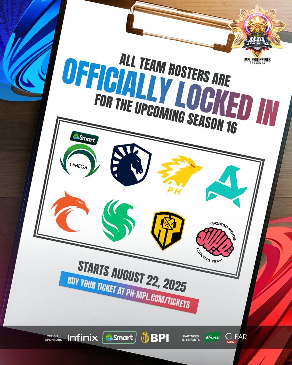 HelloTickelo's tweet image. IT'S OFFICIAL! All team rosters are now locked in for the upcoming MPL PH Season 16! 🔥

🗓️ Regular Season begins August 22. See the schedule.

Don’t miss a moment, secure your tickets now via tickelo.com!

#MPLPH #MPLPhilippines #MLBB #EsportsPH #MPLPHSeason16