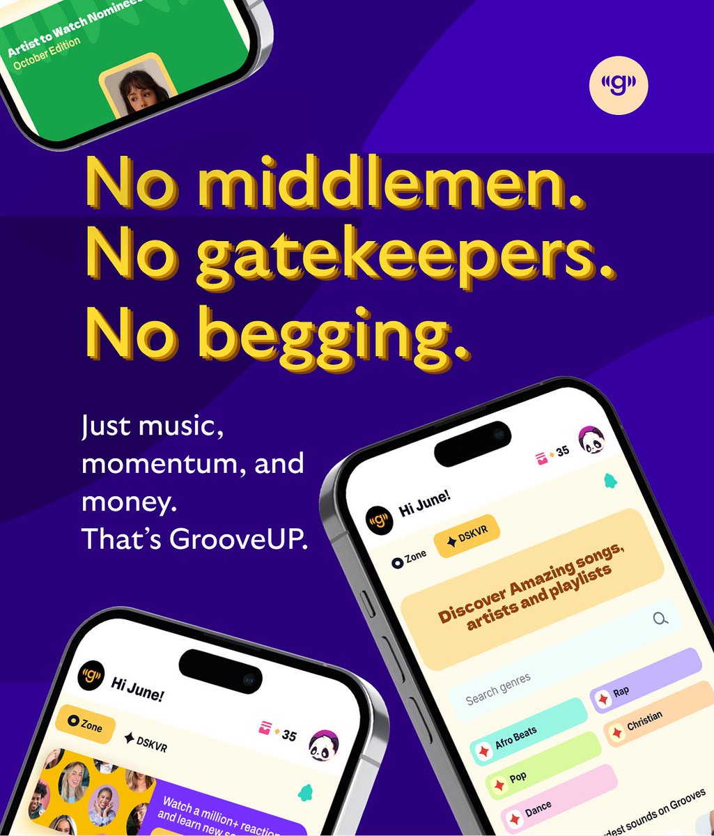grooveupapp's tweet image. GrooveUP isn’t just another app. It’s freedom for artists, power for fans, and profit for believers. No middlemen, no begging — just pure momentum. 🚀 #GrooveUP #Grooves