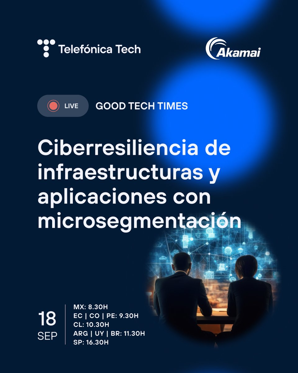 📅 El próximo 18 de septiembre te esperamos en un nuevo #GoodTechTimes: “Ciberresiliencia de infraestructuras y aplicaciones con microsegmentación”

¡Regístrate aquí y acompáñanos! bit.ly/GoodTechTimesM…
#PartnersWithTech