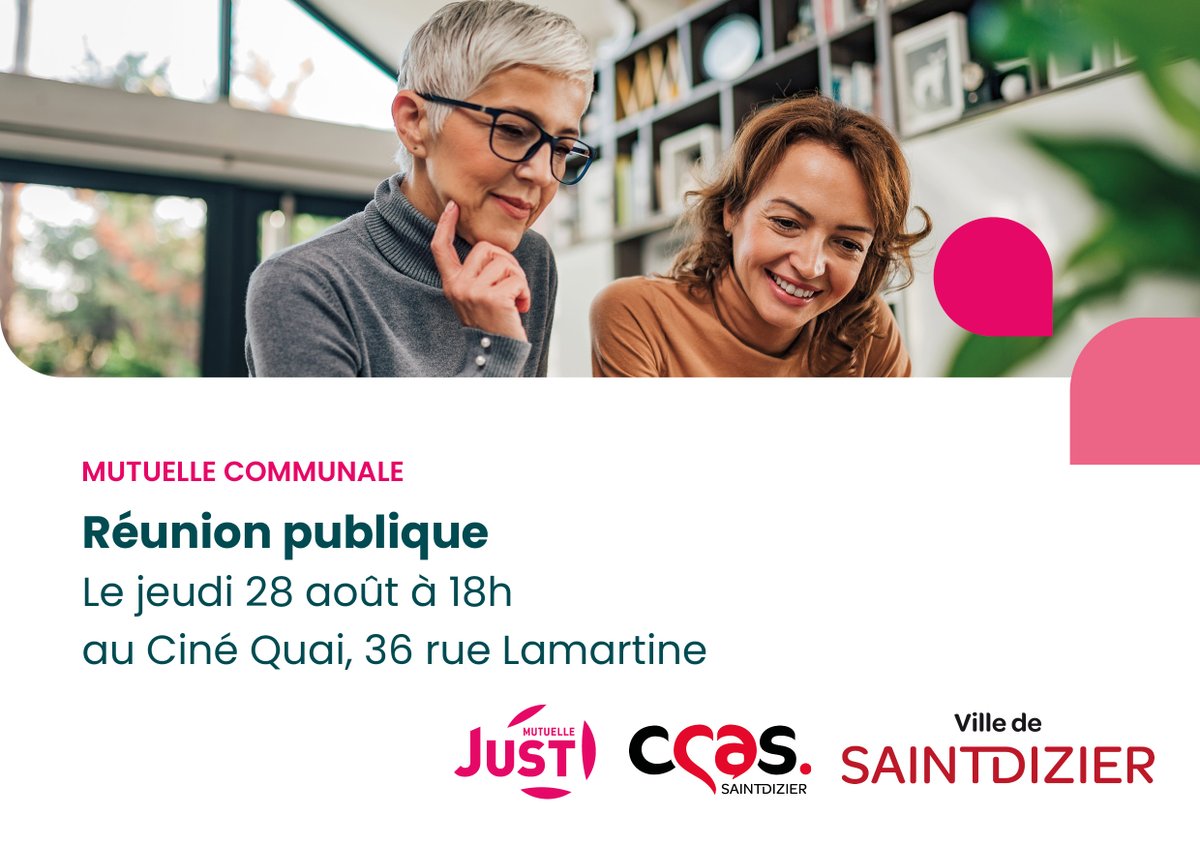 SaintDizierFR's tweet photo. Saint-Dizier propose une mutuelle communale : une complémentaire santé accessible et solidaire 🌿

📅 Réunion publique le 28 août à 18h au Ciné Quai
https://t.co/BsxN4CYl6K

ℹ️ Infos &amp; RDV : 0 809 546 000 | Mutuelle Just https://t.co/NXvMtX30kN https://t.co/JhAT2jrv87