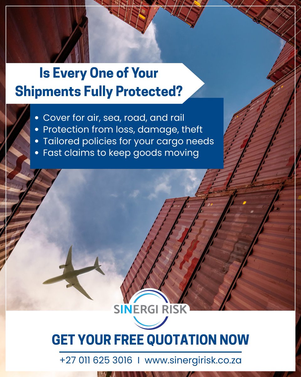 sinergirisk's tweet photo. 𝗜𝘀 𝗲𝘃𝗲𝗿𝘆 𝗼𝗻𝗲 𝗼𝗳 𝘆𝗼𝘂𝗿 𝘀𝗵𝗶𝗽𝗺𝗲𝗻𝘁𝘀 𝗳𝘂𝗹𝗹𝘆 𝗽𝗿𝗼𝘁𝗲𝗰𝘁𝗲𝗱? 
Cargo cover for air, sea, road, and rail.

Get a free quotation today: https://t.co/ezsmSpd1lt

#CargoInsurance #FreightInsurance #LogisticsRiskManagement #SinergiRisk https://t.co/npYfambFO8
