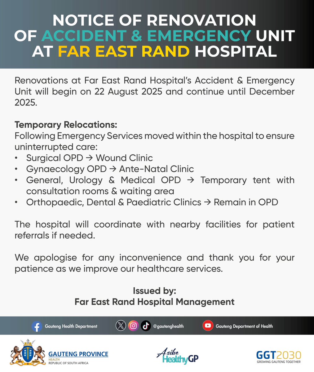 NOTICE: RENOVATION OF ACCIDENT &amp; EMERGENCY UNIT AT FAR EAST RAND HOSPITAL

Renovations at Far East Rand Hospital’s A&amp;E Unit will begin on 22 August until December 2025. We apologise for any inconvenience &amp; thank you for your patience as we improve our healthcare services.