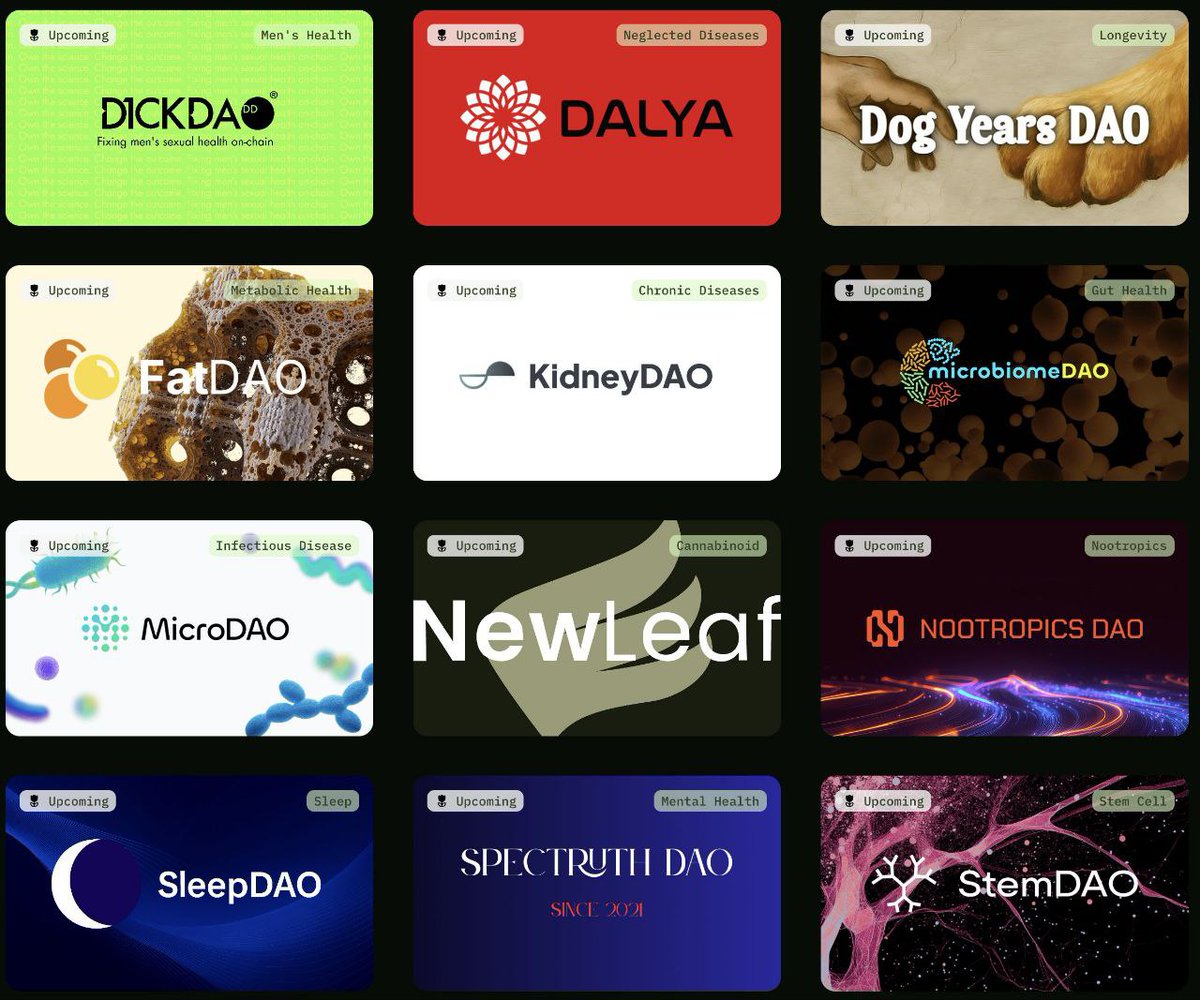 Adrian (@og_driann) on Twitter photo (8/10)=>> The industry starters
Early/emerging movers of decentralized science industry include
<a href="/vita_dao/">VitaDAO 💛</a> - Community owned research funding
<a href="/D1ckDAO/">D1ckDAO</a>- Men’s Health Solution
<a href="/FatDAO_/">FatDAO🟡</a>- Weight loss Research
<a href="/KidneyDAO/">KidneyDAO</a> - Advancing Kidney Health
<a href="/stem_dao/">StemDAO | Liberating Stem Cell Therapies</a> - Stem Cell Therapy (8/10)=>> The industry starters
Early/emerging movers of decentralized science industry include
<a href="/vita_dao/">VitaDAO 💛</a> - Community owned research funding
<a href="/D1ckDAO/">D1ckDAO</a>- Men’s Health Solution
<a href="/FatDAO_/">FatDAO🟡</a>- Weight loss Research
<a href="/KidneyDAO/">KidneyDAO</a> - Advancing Kidney Health
<a href="/stem_dao/">StemDAO | Liberating Stem Cell Therapies</a> - Stem Cell Therapy