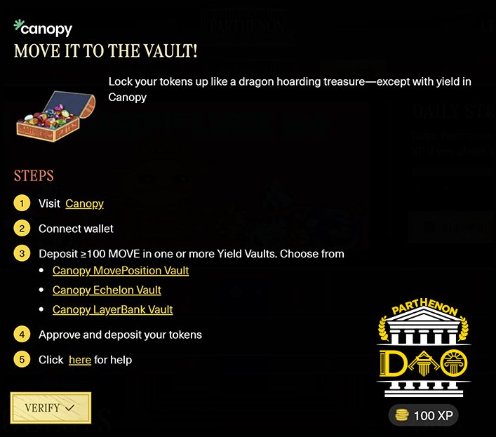 🚀 Parthenon V2 DeFi Quests!

We’ve got 9 quests, and each day comes with a separate giveaway!
🎁 Each quest reward: 100 $MOVE
⚡ Total rewards: 900+ $MOVE

And at the end… a secret 10th quest + extra surprise reward 👀

🎯 Quest #1:
Deposit $MOVE on <a href="/canopyxyz/">Canopy</a> → Verify on