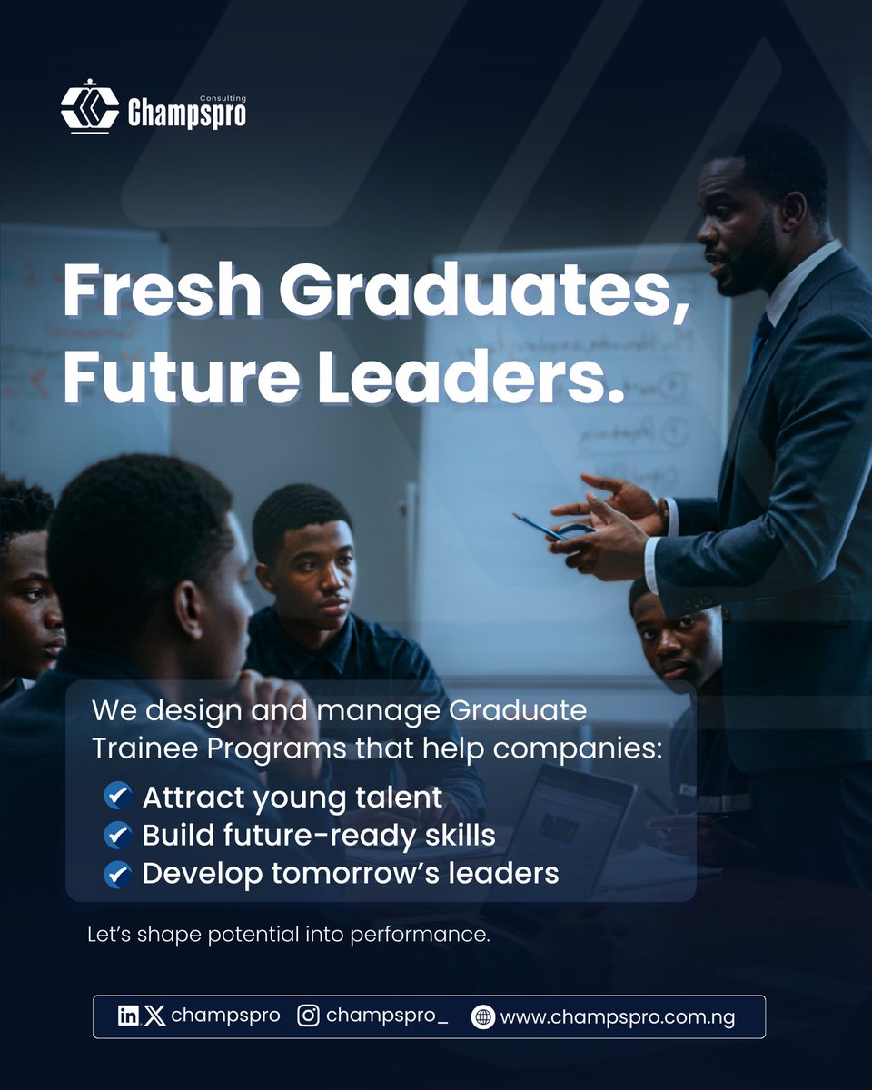 Thankgodsimeon's tweet image. Fresh graduates are full of potential — and with the right structure, they become tomorrow’s business leaders.

Let’s help you transform raw talent into real results. 

Reach out to us today to get started.

#ChampsProConsulting #GraduateTraineeProgram #TalentDevelopment