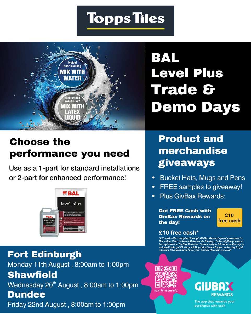 BALtiling's tweet image. Our Scottish Level Plus Trade Day roadshow continues this week @ToppsTiles in Fort Edinburgh today followed by Glasgow Shawfield on Wednesday and Dundee on Friday!!!

Find out all about our new 2-in-1 smoothing and levelling compound!!! 

 #Tiling  #TilingCommunity #TradeEvents