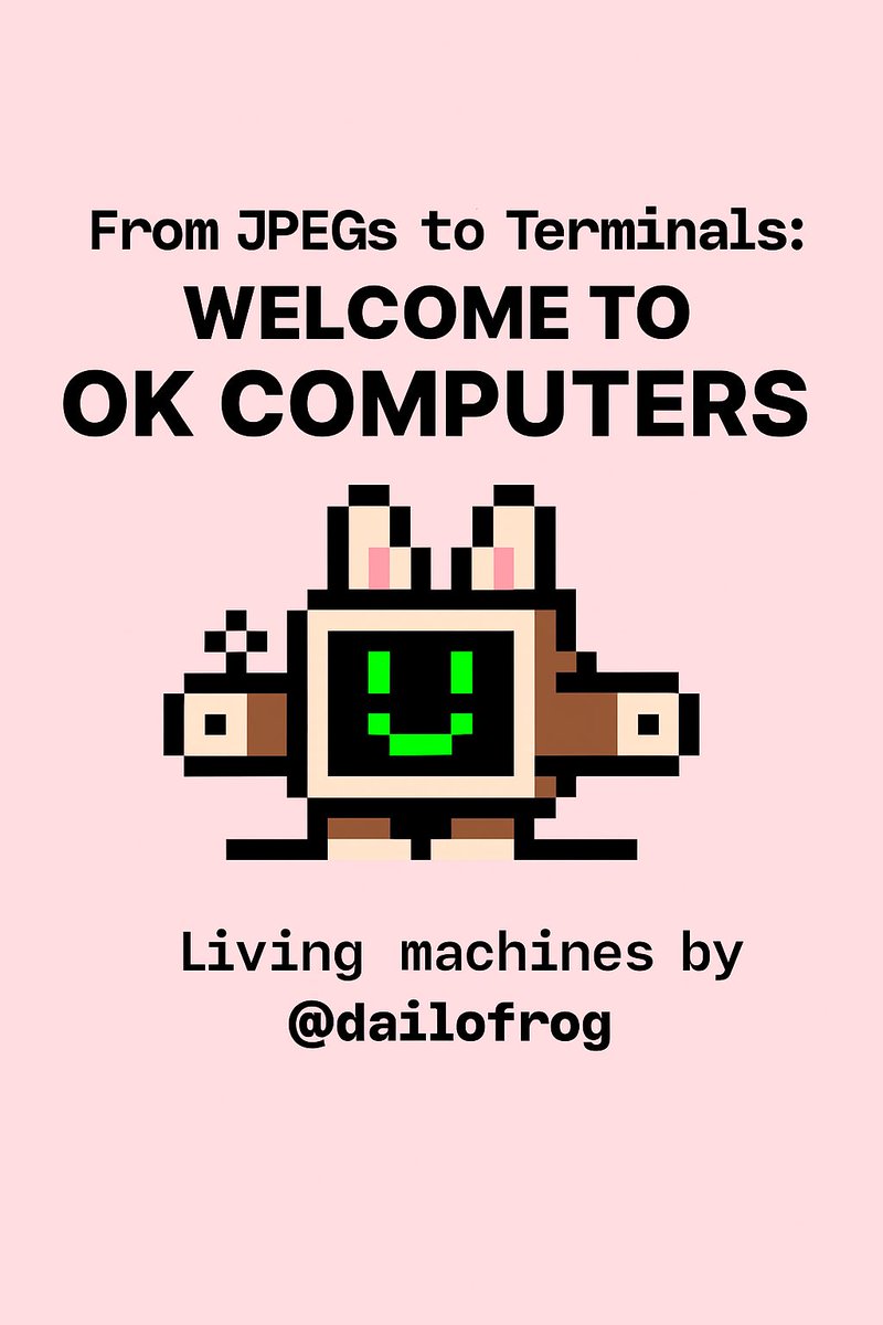 Tomsocode (@tomsocode) on Twitter photo From JPEGs to Terminals: Welcome to OK COMPUTERS; Living Machines by <a href="/dailofrog/">dailofrog 🐸🚬</a>
This isn't another avatar project and it's not just pixel art. Think of them like retro bots with a built in terminal that can message, run micro-apps, and evolve via upgrades. From JPEGs to Terminals: Welcome to OK COMPUTERS; Living Machines by <a href="/dailofrog/">dailofrog 🐸🚬</a>
This isn't another avatar project and it's not just pixel art. Think of them like retro bots with a built in terminal that can message, run micro-apps, and evolve via upgrades.