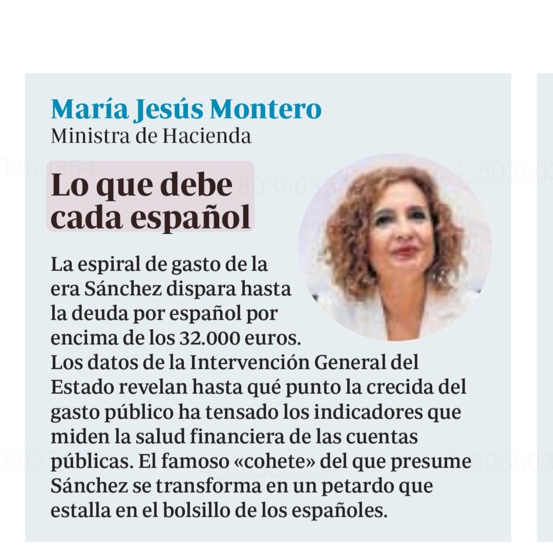 El Gobierno de Pedro Sáchez y la nula e ineficaz gestión de Mª Jesús Montero, nos han abocado a una deuda de más de 32.000 euros por cada español.

"El incremento de la deuda per cápita se interpreta como una señal de deterioro de la capacidad de pago del país" ⤵️