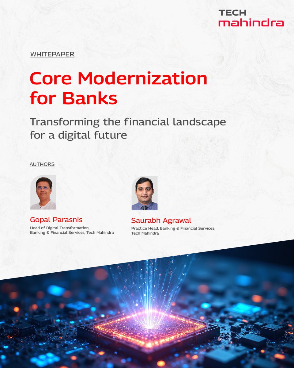tech_mahindra's tweet image. @tech_mahindra empowers banking leaders to navigate the complexities of #CoreModernization- transforming legacy systems into agile, efficient, and customer-centric platforms.

Dive into our latest whitepaper to uncover:

- Strategic importance of core modernization
- Key…