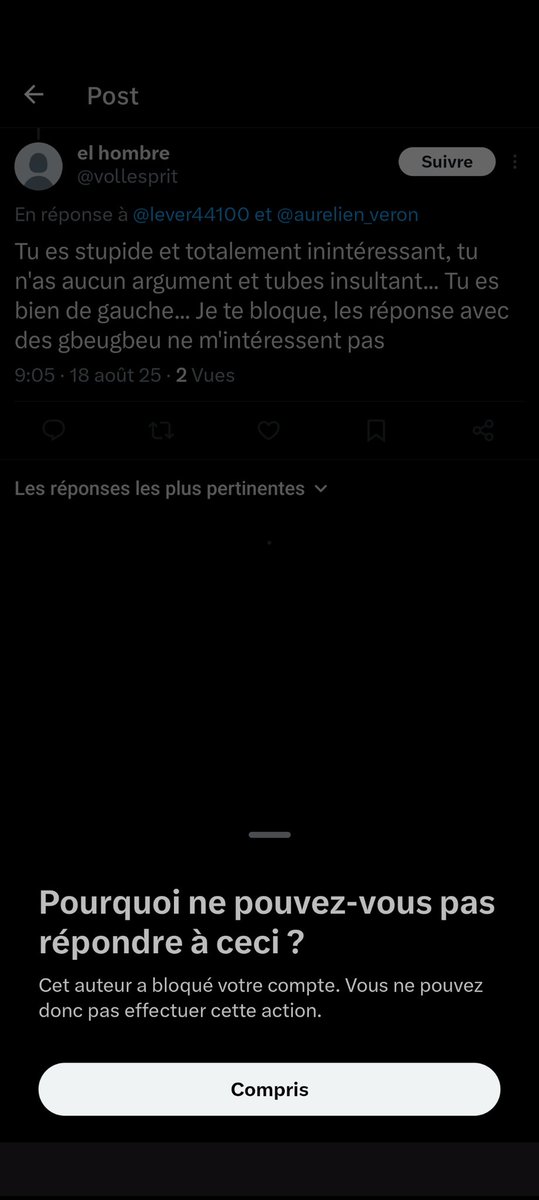 Allez la tournée du cirque de la droite continue 🤡🎪

Pas d'arguments ? Je bloque...
Voilà la droite dur 😂😂😂
 Faibles sur les réseaux, faible IRL..
La tristesse.