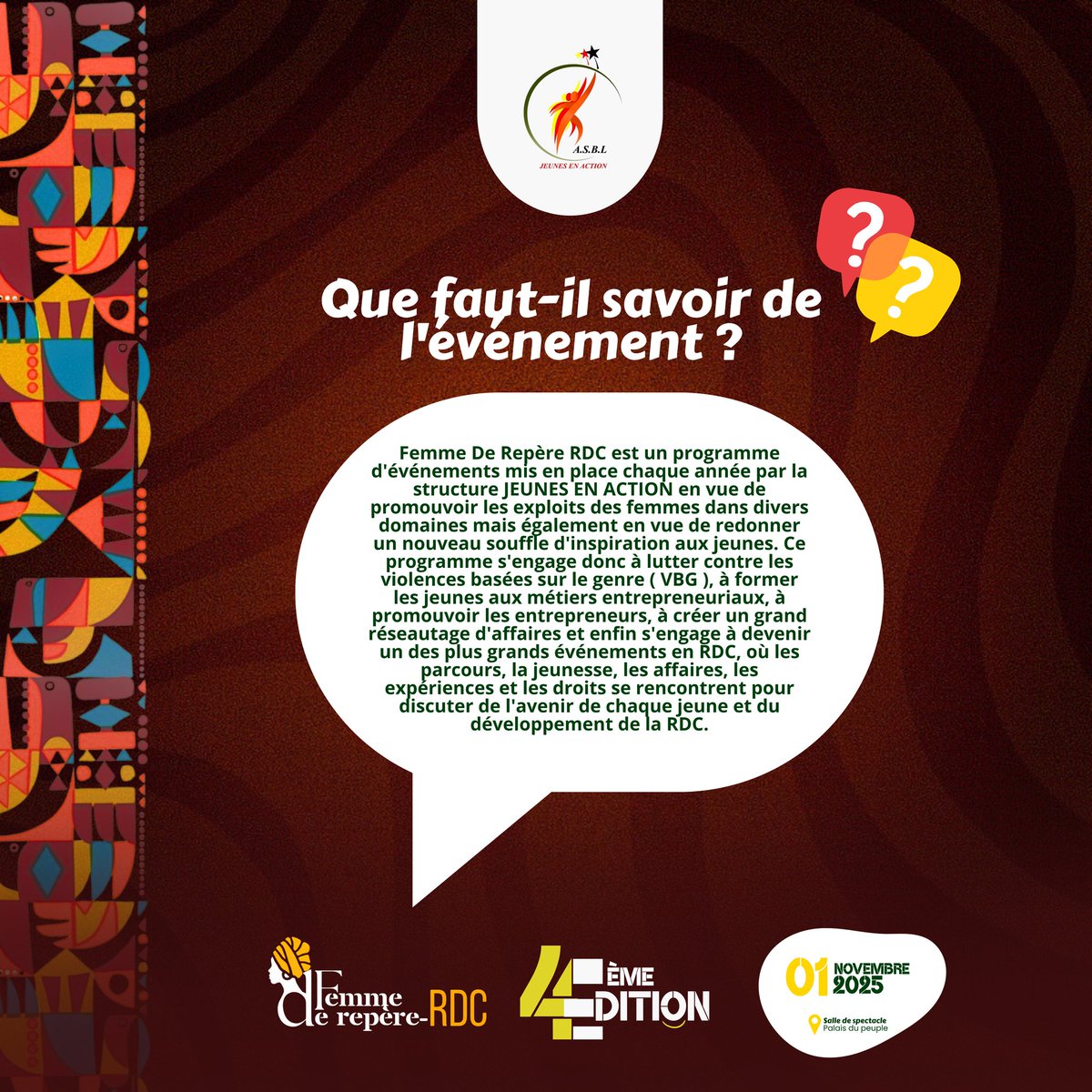 Découvrez "FEMME DE REPÈRE RDC",
Un projet phare porté par l'ASBL "Jeunes En Action".
Elle s'inscrit dans une dynamique plus large de promotion de l'égalité de genre et de pleine participation des femmes au développement de la RDC.