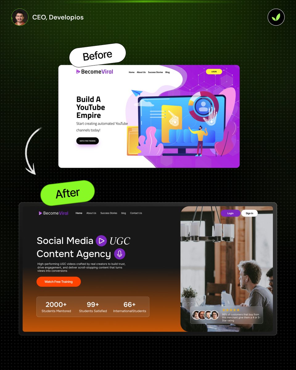 faraz___dev's tweet image. From cluttered to conversion-ready.
We revamped BecomeViral’s homepage into a sleek UGC-focused experience 🚀
🔸 Clearer messaging
🔸 Trust-building design
🔸 +2000 students mentored!
See how great design drives real results.
#Developios #WebDesign #UGCMarketing