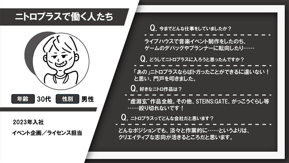 ＼求人募集中／
・イベント企画
・ライセンス担当
en-gage.net/nitroplus_recr…

ニトロプラスに入社するってどんな感じかな？
どんな人がいるのかな？

というところで、
働いている人たちを紹介していくよ！