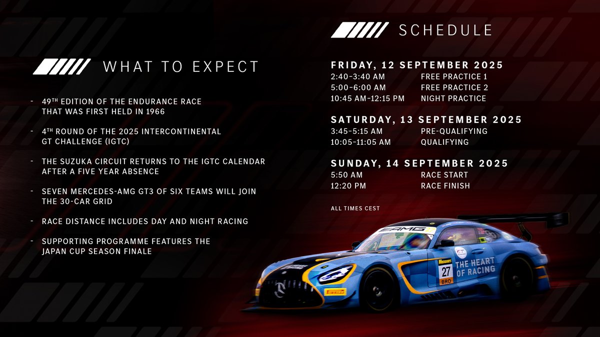 amgmotorsport's tweet photo. #Suzuka1000km. First time in six years! HYPED? We are. 🤩

Find the full #AMG line-up and all the key intel below.

#IGTC https://t.co/WdxLpvvtLy