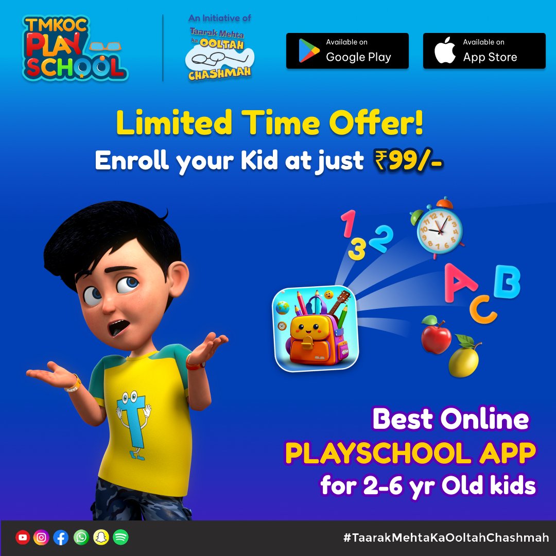 Early learning made exciting! 📚✨
TMKOC Play School – the Best Online Playschool App.

Enroll now at ₹99/- | Download today!
Google Play Store: play.google.com/store/apps/det…
Apple Test Flight: testflight.apple.com/join/SYgGKcAG

#tmkocplayschool #gamifiedlearning #tarakmehtakaultachashma