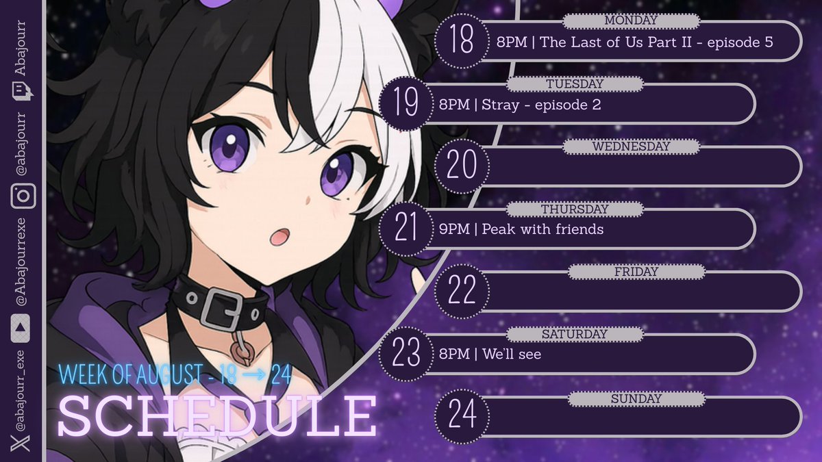 abajourr_exe's tweet photo. 📅 Voici le planning de la semaine du 18 au 24 août !
Viens partager ces moments en live avec moi ➡️ https://t.co/YAYOAOUMOE

#Vtuber #TwitchFR #StreamFR #StreamerFR #LiveGaming #TheLastOfUsPartII #StrayTheGame #PeakOnline #TwitchSchedule #GamingCommunity https://t.co/8z4qoyHLvE