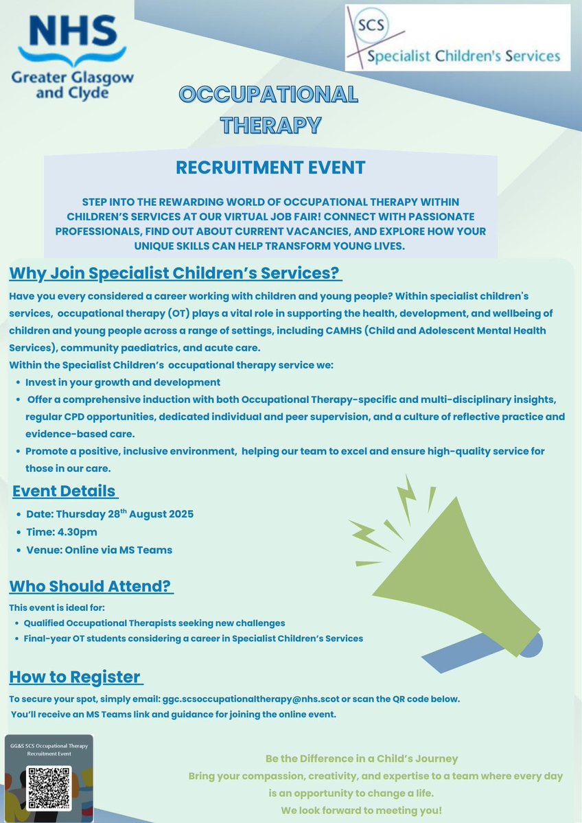Naomi Naismith (@naominaismith3) on Twitter photo Are you an Occupational Therapist interested in working with children and young people?
Attend our online recruitment event on 28th August. <a href="/NHSGGC/">NHS Greater Glasgow and Clyde</a> <a href="/nhsggcscs/">NHSGGC Specialist Children's Services</a> <a href="/theRCOT/">Royal College of Occupational Therapists</a>
Register by emailing ggc.scsoccupationaltherapy@nhs.scot or scan the QR code below Are you an Occupational Therapist interested in working with children and young people?
Attend our online recruitment event on 28th August. <a href="/NHSGGC/">NHS Greater Glasgow and Clyde</a> <a href="/nhsggcscs/">NHSGGC Specialist Children's Services</a> <a href="/theRCOT/">Royal College of Occupational Therapists</a>
Register by emailing ggc.scsoccupationaltherapy@nhs.scot or scan the QR code below