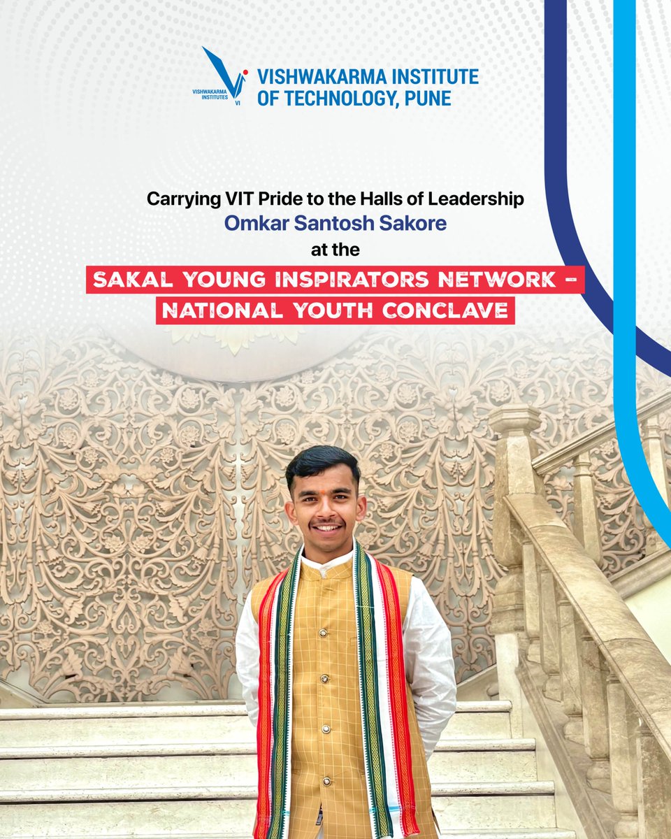 From VIT Pune to Maharashtra Sadan, New Delhi✨
TY Civil Engg student Omkar Sakore joined the Sakal Young Inspirators Network: National Youth Conclave, engaging with MPs, ministers &amp; changemakers. 

Proud moment for #VITPune! 💫

#YouthConclave #Leadership #Inspiration