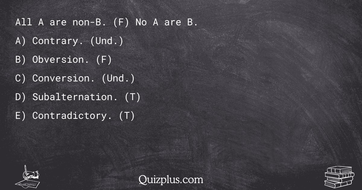 quizplus_exams's tweet image. All A are non-B. (F) No A are B.

Get Answer: 👉 quizplus.com/quiz/128575-qu…

#SolvedQuestions #CaliforniaInstituteofArtsTechnology #logic