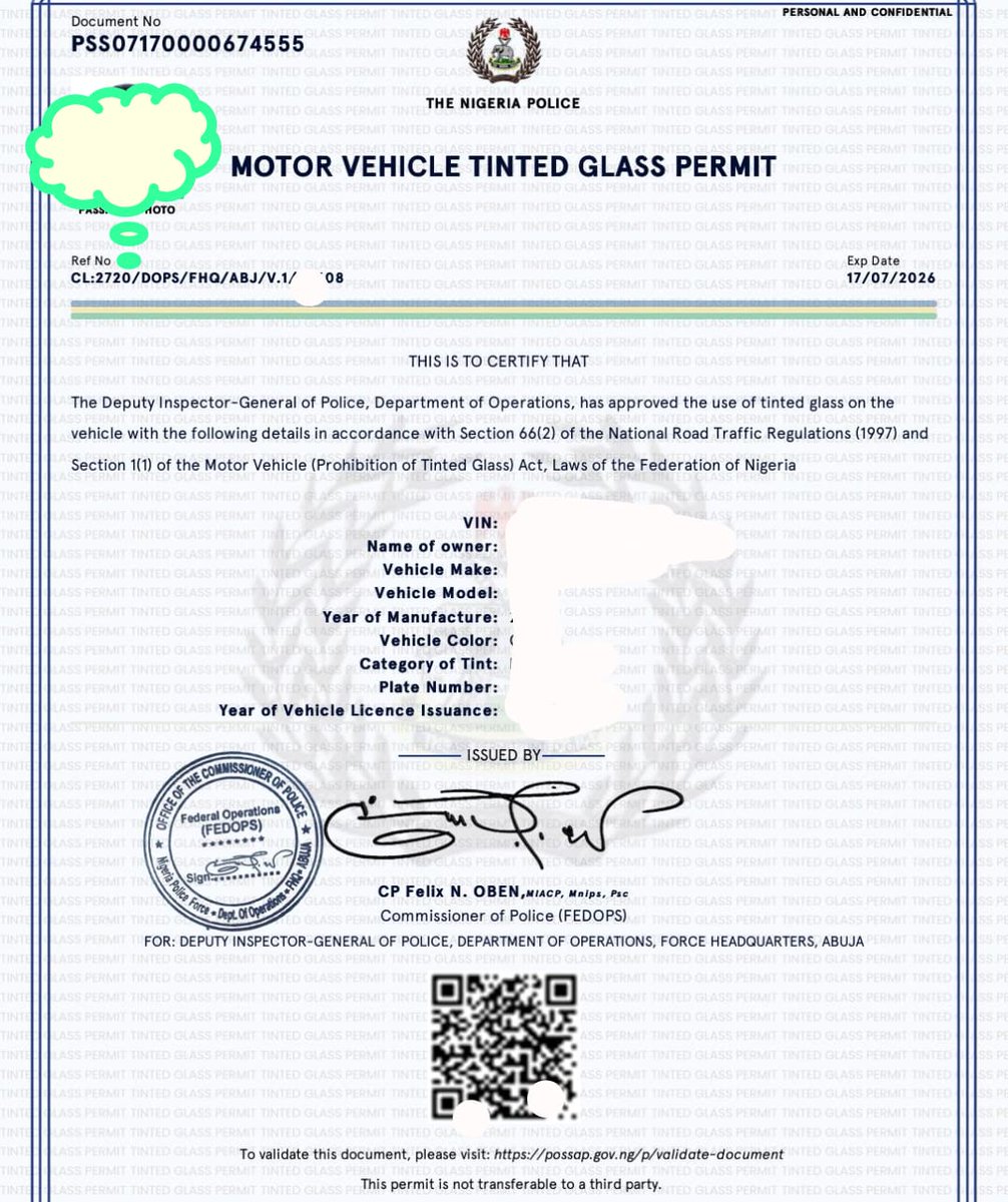 Autodocs_ng's tweet image. 🚘 HELLO 👋, HELLO COMPLIANCE!
Do you have tinted glass on your car? 🚗
The Federal Government has reintroduced the Tint Permit — and it’s now a must-have.
With AutoDocs:
✅ Fast & Genuine Application
✅ Hassle-Free Verification
📲 Call/Chat: 09053030471
👉
DM