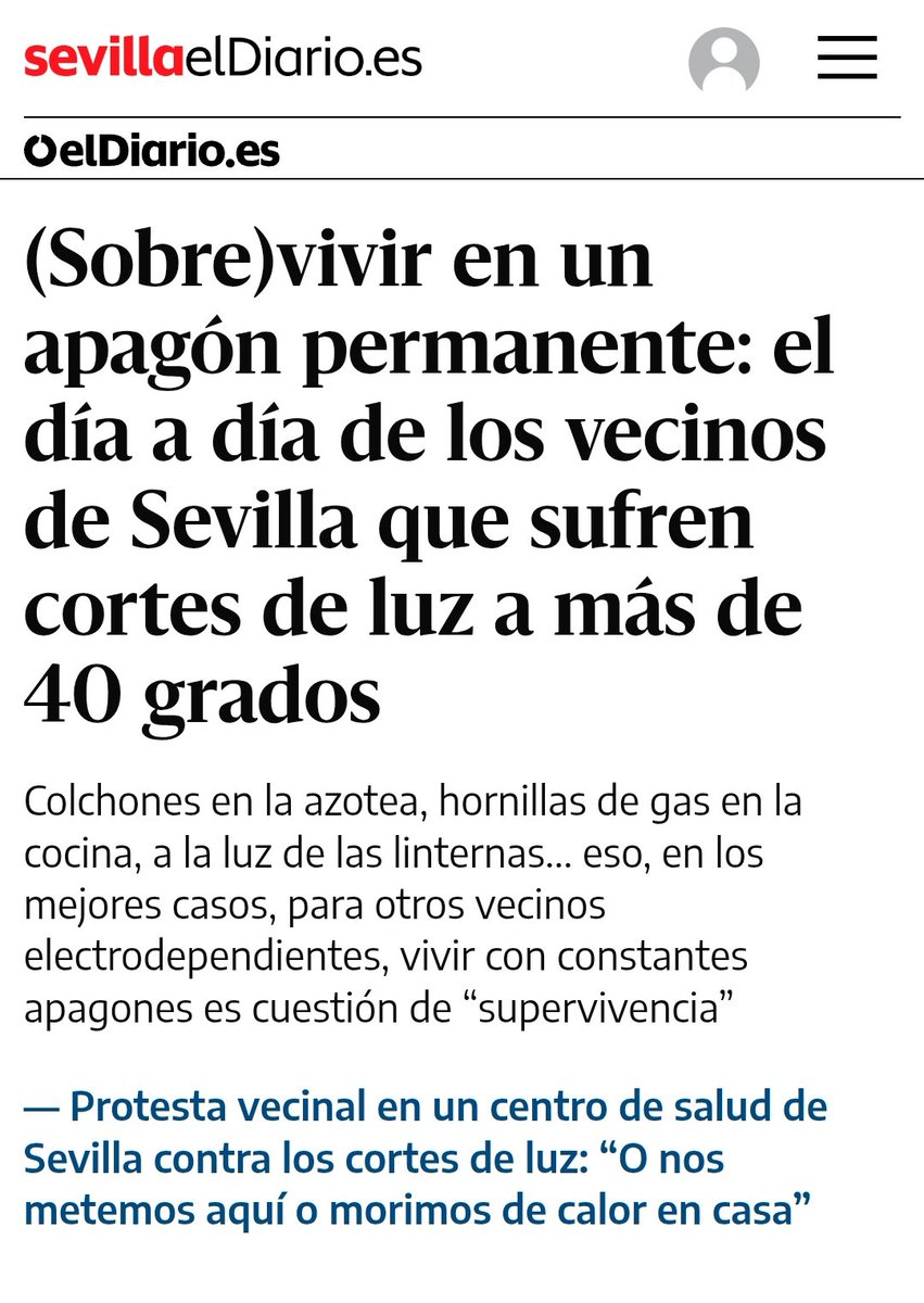 ⚫ Barrios de Sevilla castigados por continuos cortes de luz

🚨 Personas enfermas electrodependientes y mayores que a duras penas sobreviven

🌡️ Hemos pasado una de las peores olas de calor: 44°

⁉️ Señor Sanz ¿Cómo van sus conversaciones con Endesa?

🗞️eldiario.es/sevilla/vivir-…