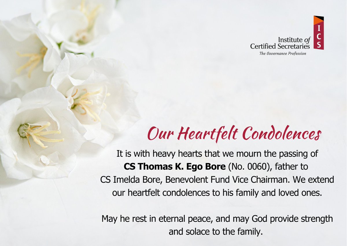 With deep sympathy, we extend our condolences to CS Imelda Bore on the passing of her father, CS Thomas K. Ego Bore.

We pray for peace, strength, and comfort for the family during this difficult time.

#Condolences #ICS_Kenya
