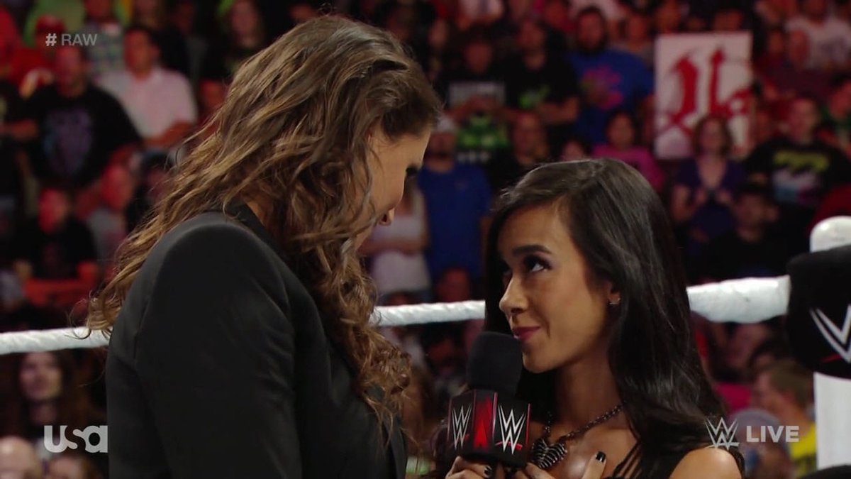 TravisJonesWWE's tweet photo. Lady @TheAJMendez - The #PhenomenalBlackWidow doesn't back down from anyone not even @StephMcMahon - The former @WWE #ChairWoman & Co-#CEO, #TeamAJ. #RT if u agree #WeLoveAJ #IconicAJ #AJFansForEver #RAW #WWERAW #RAWOnNetflix https://t.co/ugwUlMAZ3C