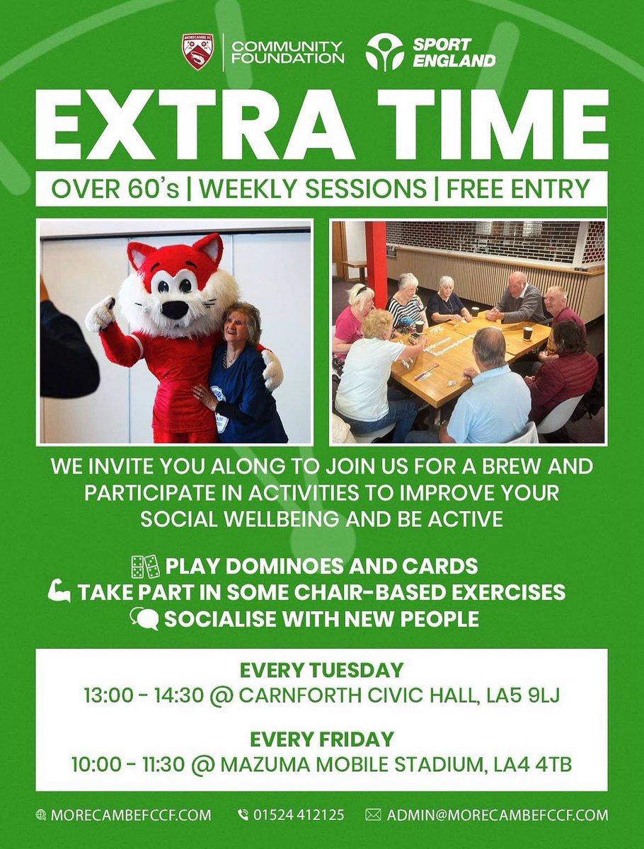 🎉 Over 60s in Carnforth – we’ve got something special for you! 🎉

Starting Tues 19 Aug, join us at Carnforth Civic Hall (1–2:30pm) for FREE weekly sessions with:

✅ Chair exercises
🧠 Quizzes &amp; games
☕ Refreshments
🤝 Friendship &amp; fun

Come along &amp; bring a friend! ❤️