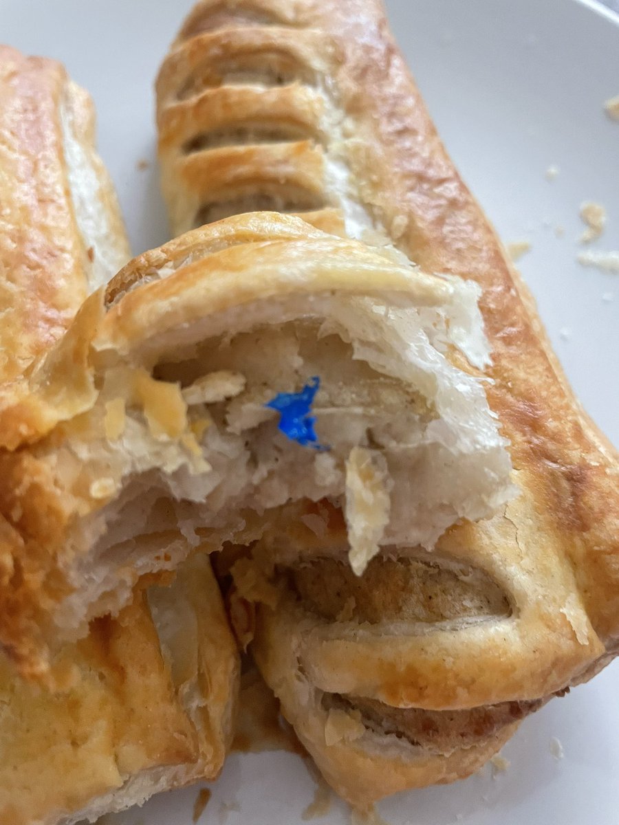 LauraMBlackburn's tweet photo. @AsdaServiceTeam not happy, found blue plastic in my Asda sausage roll. As you can see in the photos it was cooked in with it, I did then pull it out in order to see what it was https://t.co/JVCSJ3tZmB