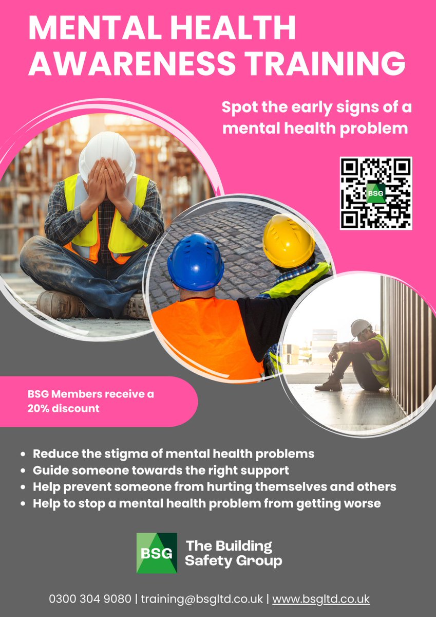 Learn how to spot the early signs of a mental health problem by enrolling on BSG's Mental Health Awareness course. Members receive a 20% discount. Book today with BSG bit.ly/3xsFfmQ