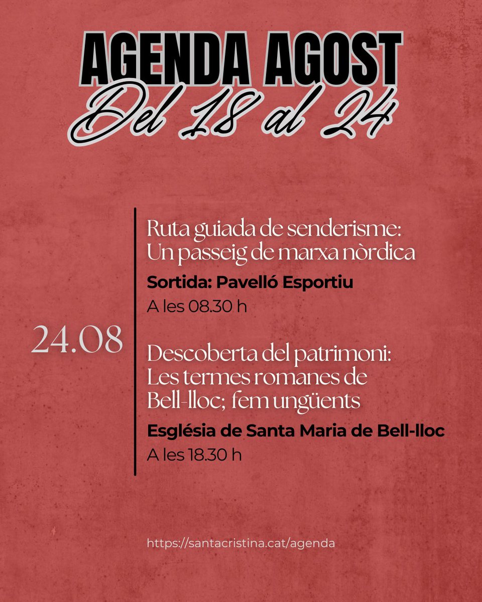 📣 Ja teniu disponible l'agenda amb les activitats programades per aquesta setmana, del 18 al 24 d'agost, a Santa Cristina d'Aro!

📲 Podeu consultar la programació completa del mes a santacristina.cat/actualitat/age…

#santacristinadaro #santacristina #agenda #agost #agost2025