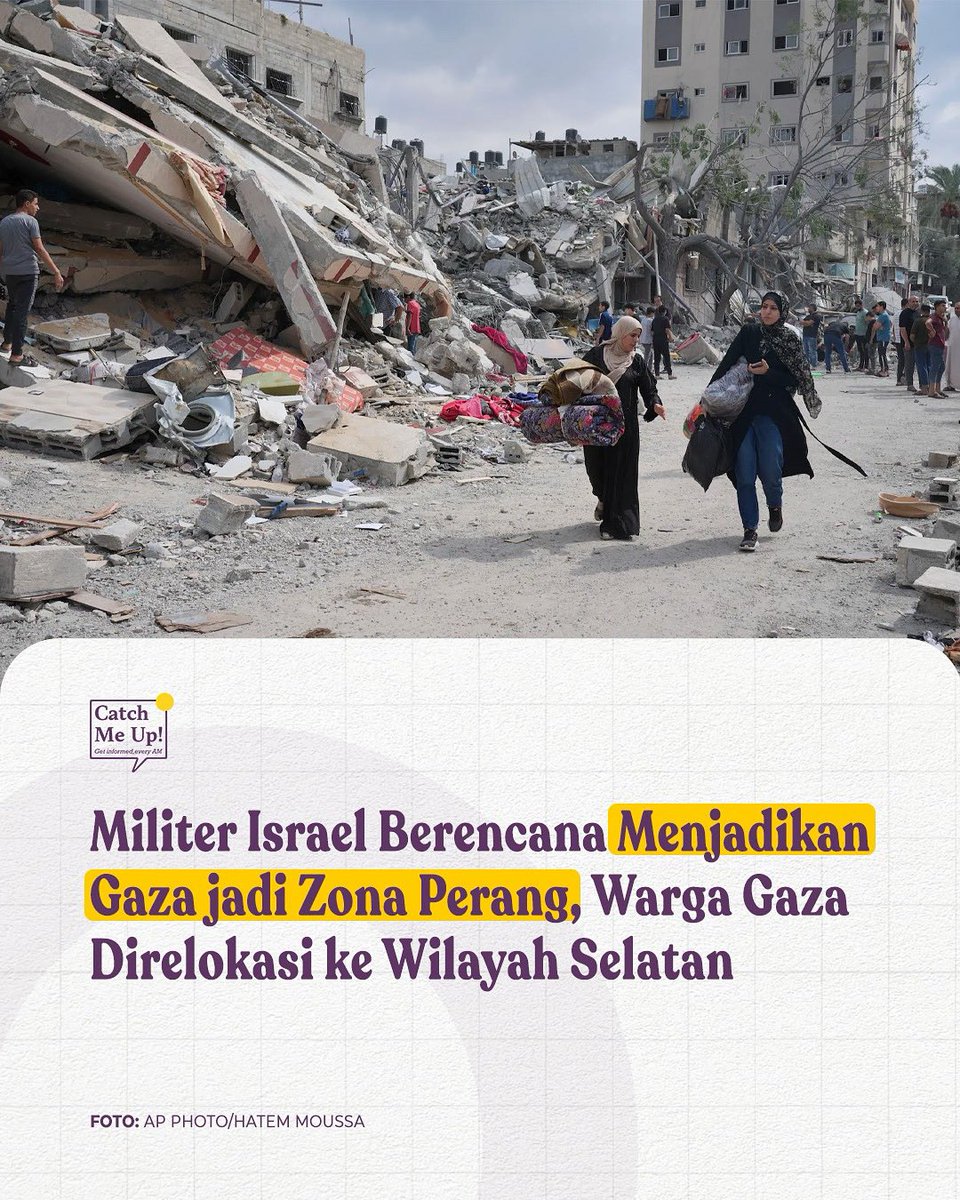 catchmeupco's tweet photo. Kekejaman Israel enggak ada matinya, setelah menyebabkan hampir 62 ribu warga Gaza tewas, Israel berencana menjadikan Gaza jadi zona perang. Rencana ini secara langsung bakal memaksa warga Gaza buat direlokasi ke wilayah selatan pada Minggu (17/8/2025). 

Dikutip dari Reuters, ide IDF buat merelokasi warga Gaza ini didorong oleh rencana buat memborbadir habis-habisan Gaza untuk memburu militan Hamas. 

Langkah IDF buat menghancurkan Gaza City secara sistematis ini dikecam oleh Hamas. "Penghancuran sistematis di wilayah tersebut sebagai bagian dari perang pemusnahan yang biadab dan rencana kriminal yang bertujuan menghancurkan Jalur Gaza dan semua bentuk dan sarana kehidupan di dalamnya." tegas Hamas dalam pernyataannya.

Di sisi lain, menurut informasi yang diperoleh The Associated Press (AP), Israel dilaporkan sedang melakukan pembicaraan rahasia dengan sejumlah negara terkait relokasi sebagai warga Palestina dari Gaza, di antaranya Somaliland, Uganda, Libya, Sudan Selatan, dan juga Indonesia.