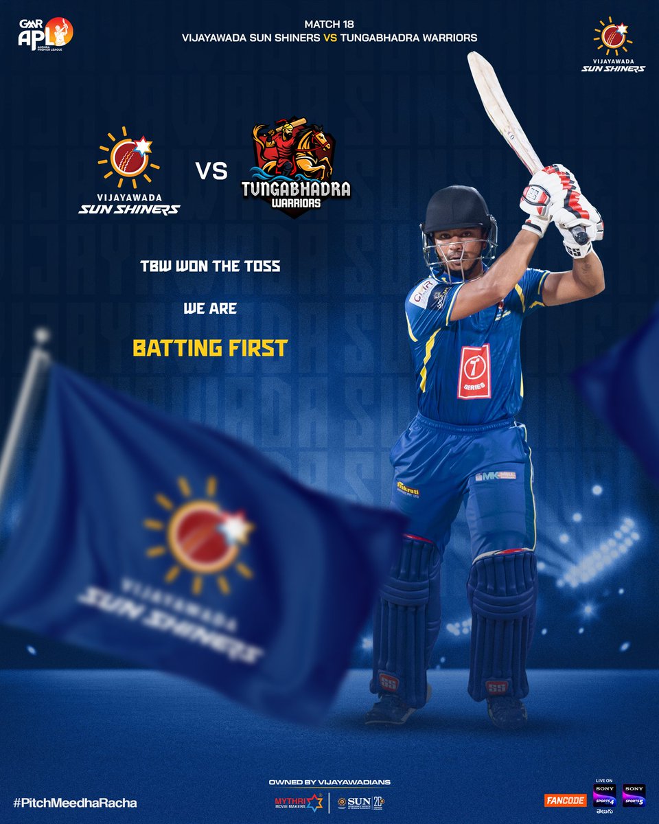 #TungabhadraWarriors won the toss and put us into bat.

We are eying a big total 💥💥

<a href="/vjasunshiners/">Vijayawada Sun Shiners</a> <a href="/MythriOfficial/">Mythri Movie Makers</a> @andhrat20league #SunInternationalInstitute
#APL2025