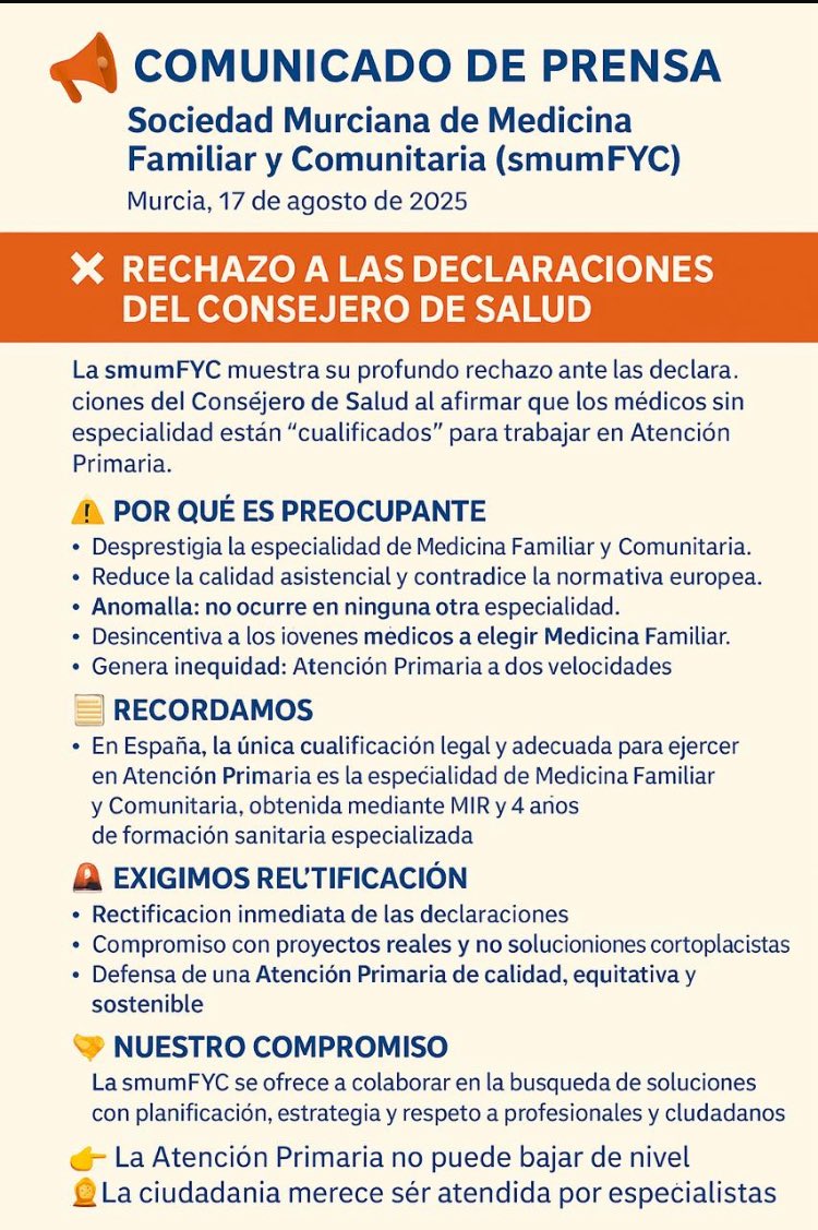 Comunicado de prensa de <a href="/smumfyc/">SMUMFYC</a> exigiendo rectificación del Consejero de Salud de la Región de Murcia