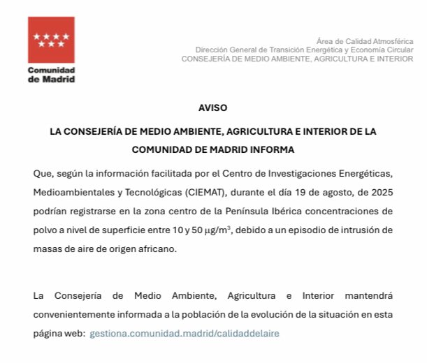 ⚠️ATENCIÓN⚠️

Aviso de intrusión de masa de AIRE AFRICANO para el 19 agosto, con concentraciones polvo en suspensión entre 10 y 50 µg/m3.

Se recomienda que las personas con problemas respiratorios reduzcan la realización de actividades que supongan esfuerzo físico al aire libre.